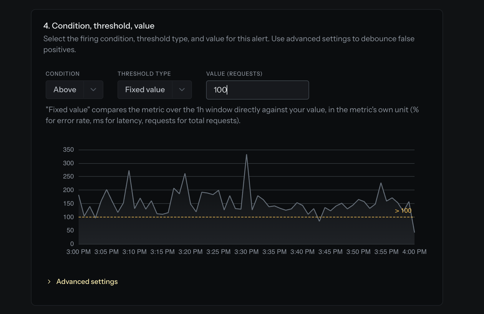 Configuring a metric alert condition and threshold